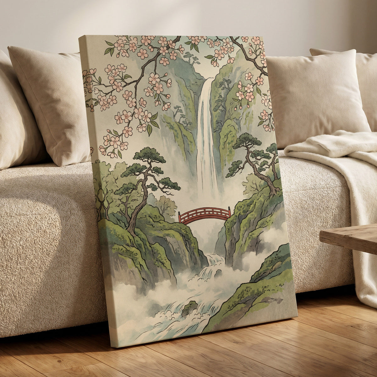 Blossom Gorge, green, beige, pink nature wall art displayed in a styled interior, gallery view 3