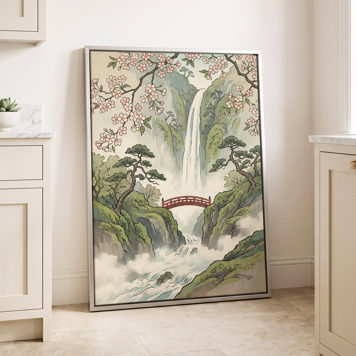 Blossom Gorge, green, beige, pink nature wall art displayed in a styled interior, gallery view 4