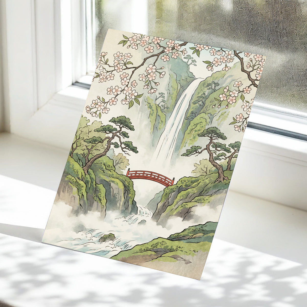 Blossom Gorge, green, beige, pink nature wall art displayed in a styled interior, gallery view 5