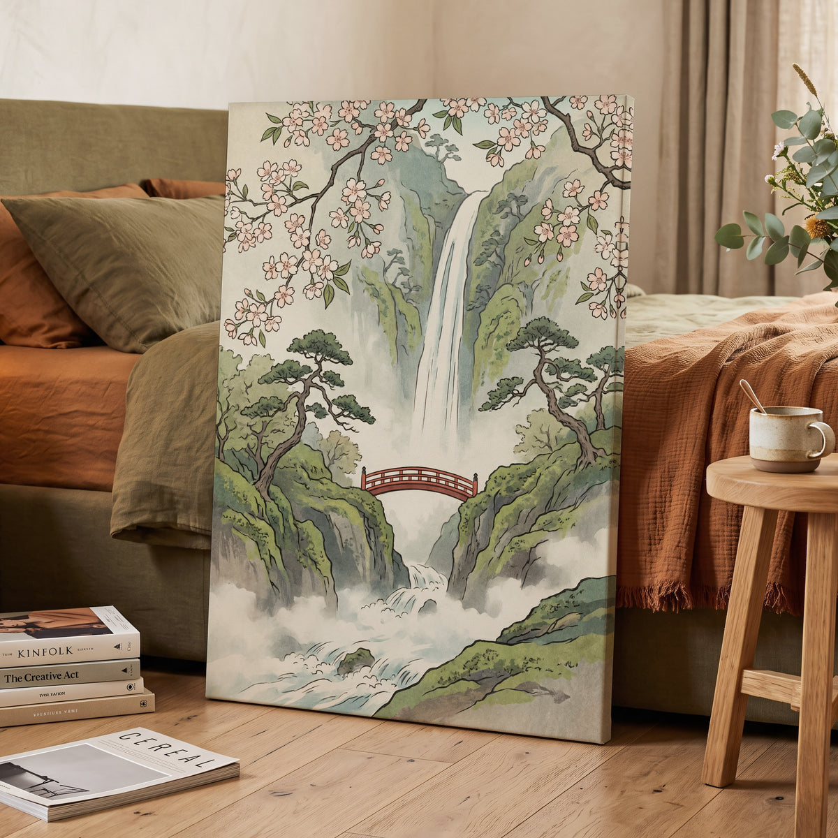 Blossom Gorge, green, beige, pink nature wall art displayed in a styled interior, gallery view 7