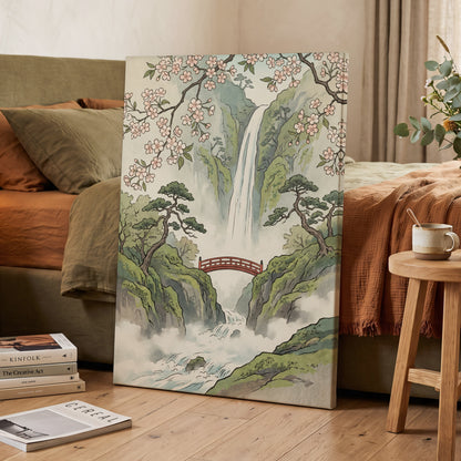 Blossom Gorge, green, beige, pink nature wall art displayed in a styled interior, gallery view 7