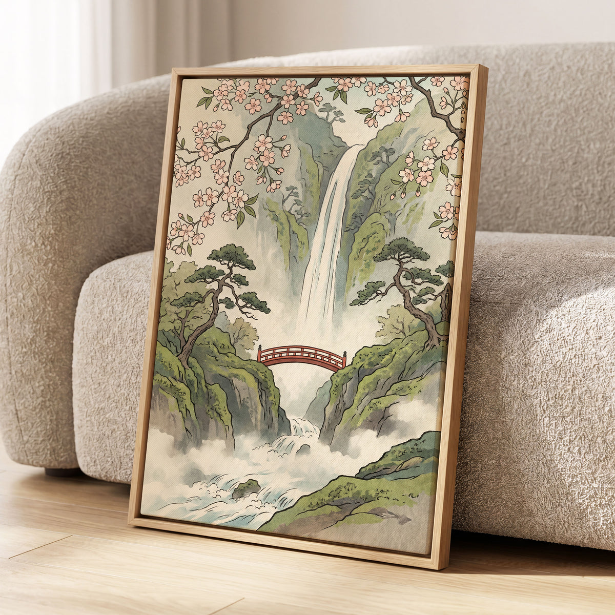 Blossom Gorge, green, beige, pink nature wall art displayed in a styled interior, gallery view 8