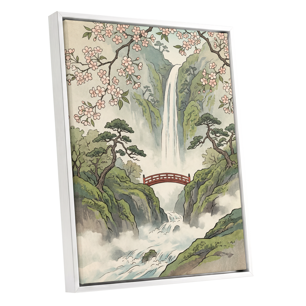 Blossom Gorge, green, beige, pink nature wall art shown as a white framed canvas wall art