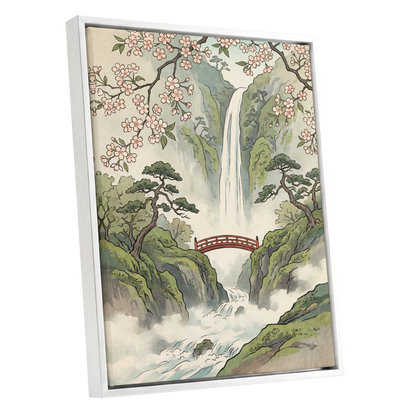 Blossom Gorge, green, beige, pink nature wall art shown as a white framed canvas wall art