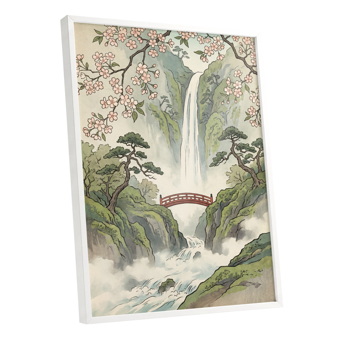 Blossom Gorge, green, beige, pink nature wall art shown as a white framed poster wall art print