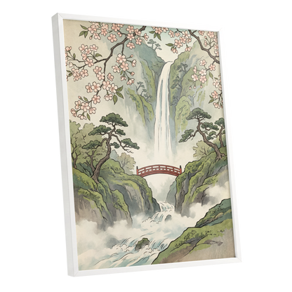 Blossom Gorge, green, beige, pink nature wall art shown as a white framed poster wall art print