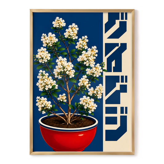 Blossom in Scarlet, blue, white, red floral wall art, front artwork view