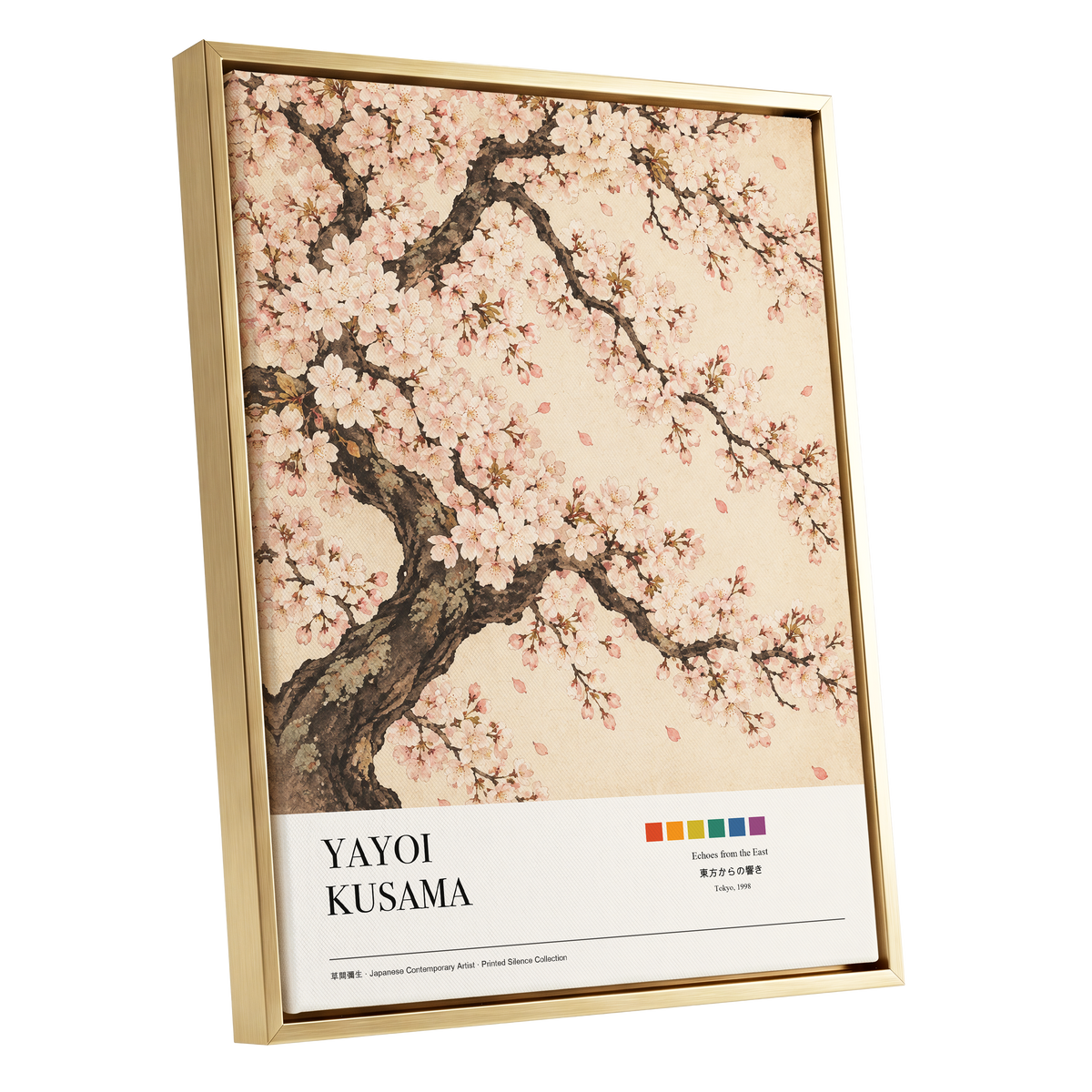 Blossom Reverie, pink, beige, brown floral wall art shown as a gold framed canvas wall art