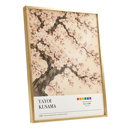 Blossom Reverie, pink, beige, brown floral wall art shown as a gold framed poster wall art print