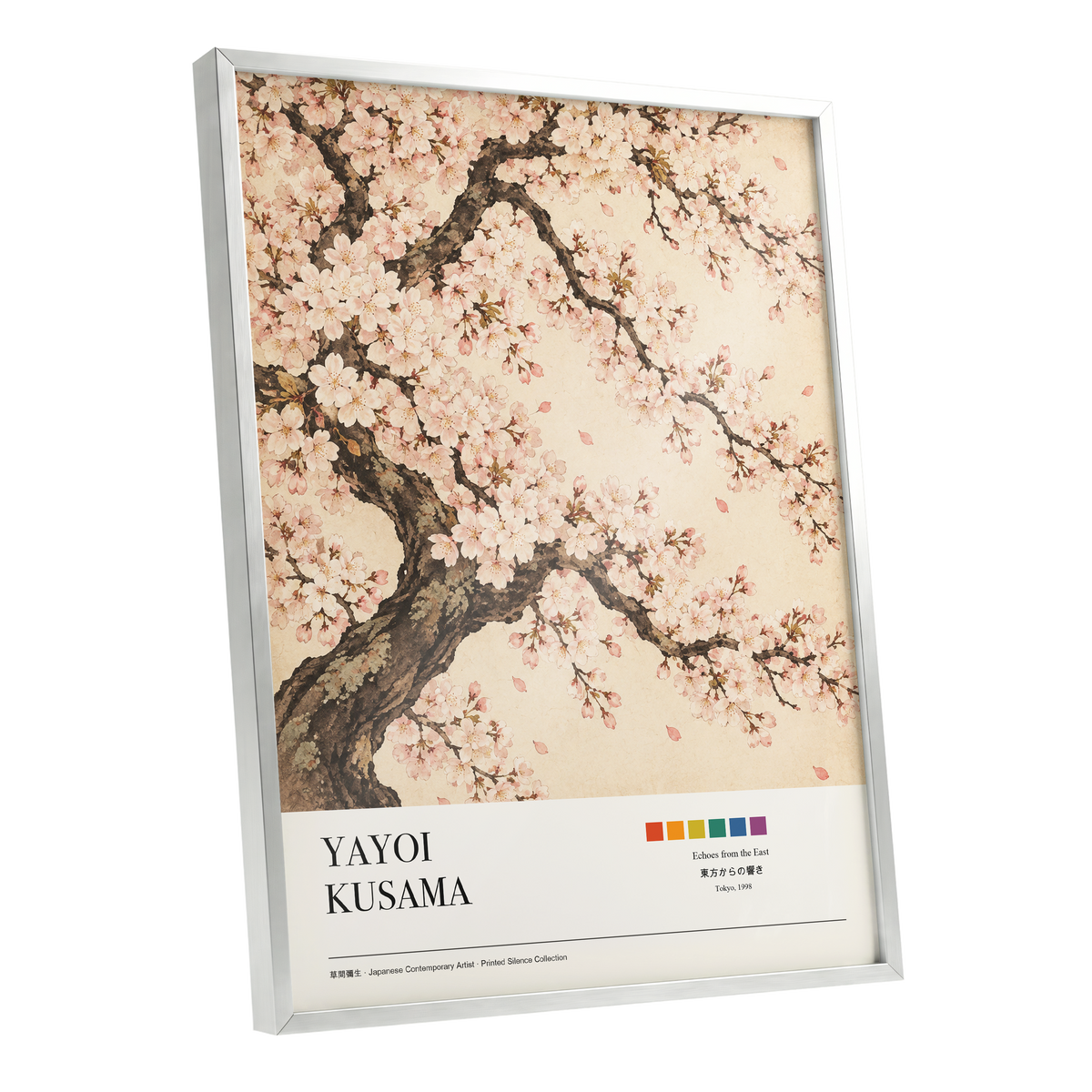 Blossom Reverie, pink, beige, brown floral wall art shown as a silver framed poster wall art print