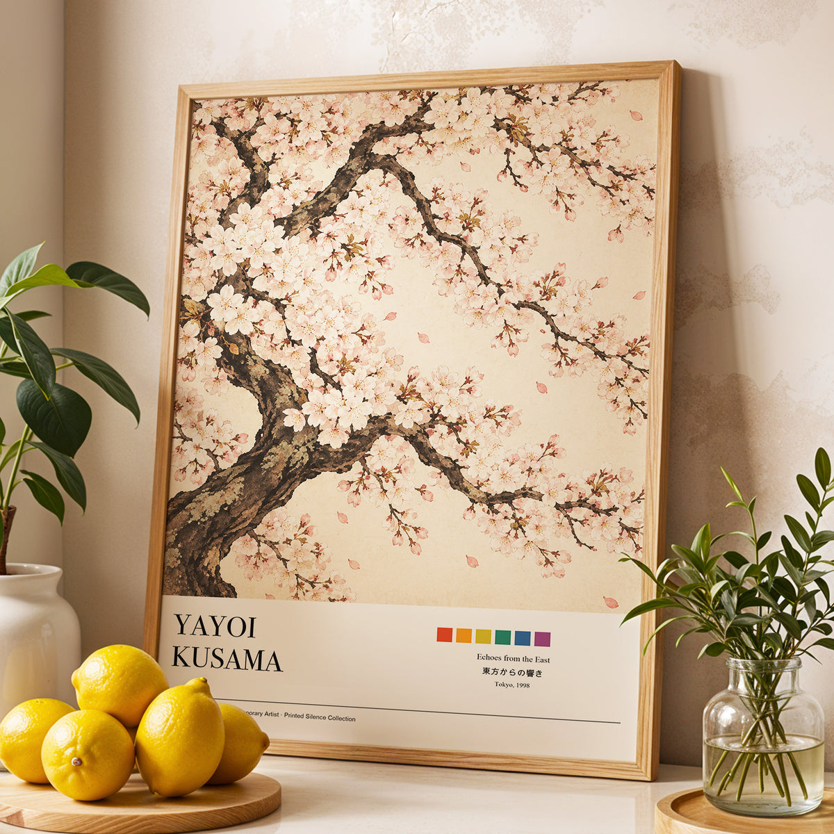 Blossom Reverie, pink, beige, brown floral wall art displayed in a styled interior, gallery view 3