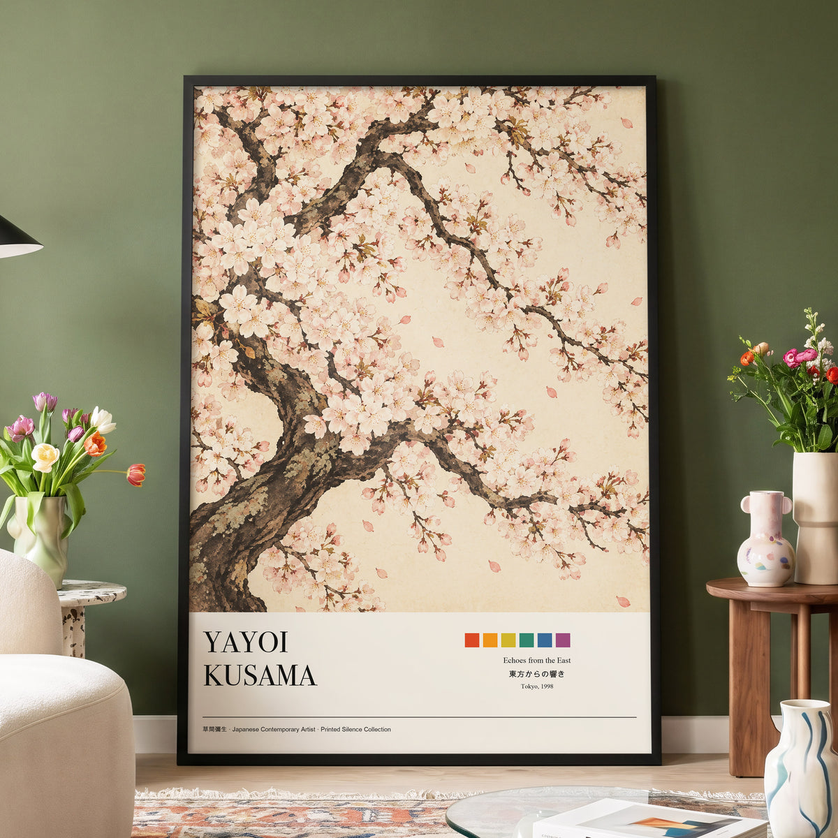 Blossom Reverie, pink, beige, brown floral wall art displayed in a styled interior, gallery view 4