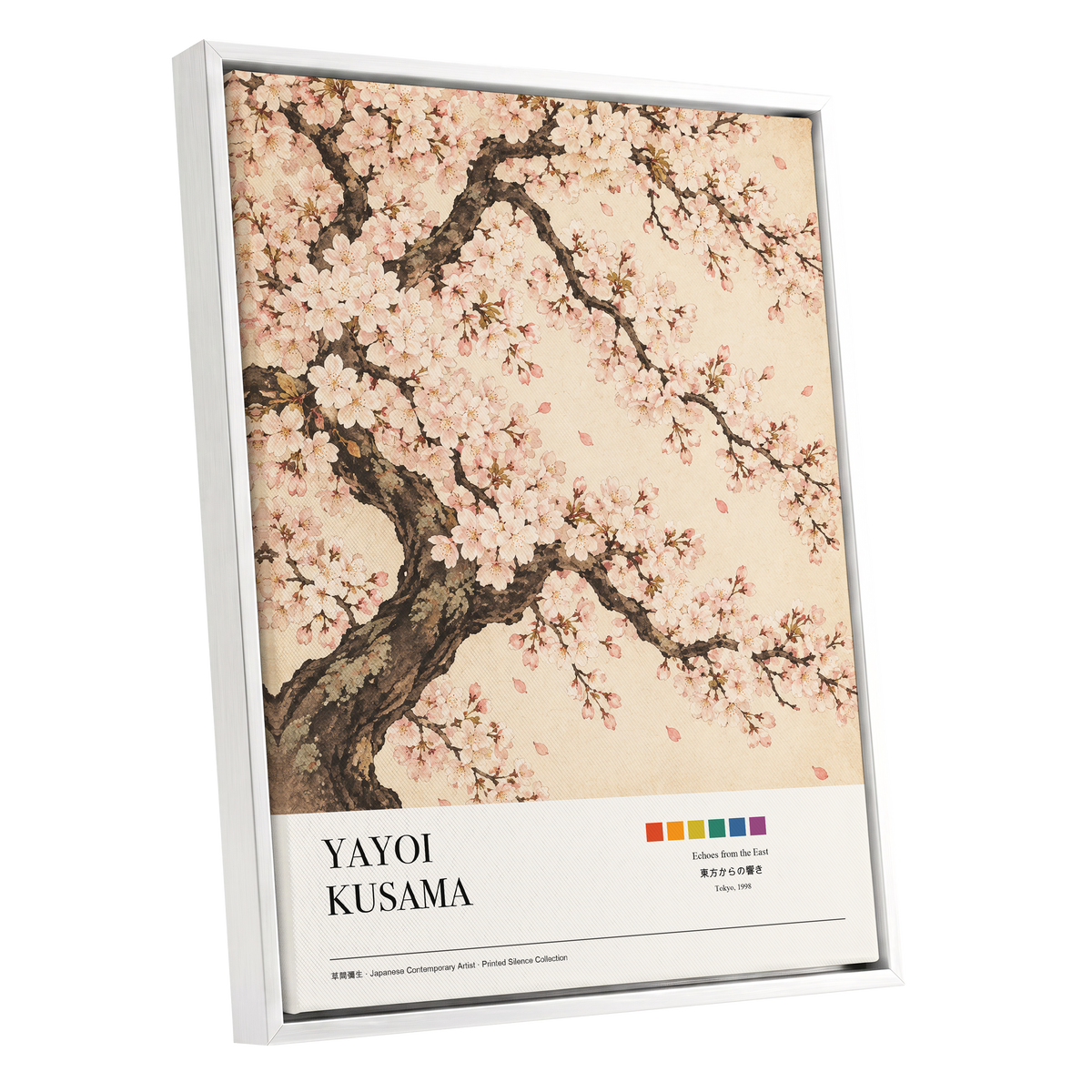 Blossom Reverie, pink, beige, brown floral wall art shown as a white framed canvas wall art