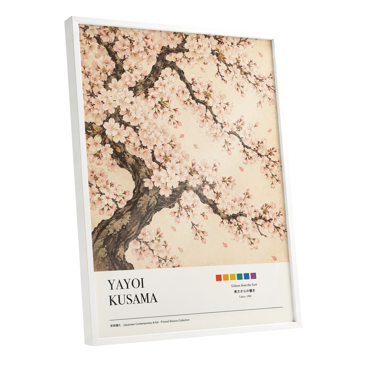 Blossom Reverie, pink, beige, brown floral wall art shown as a white framed poster wall art print