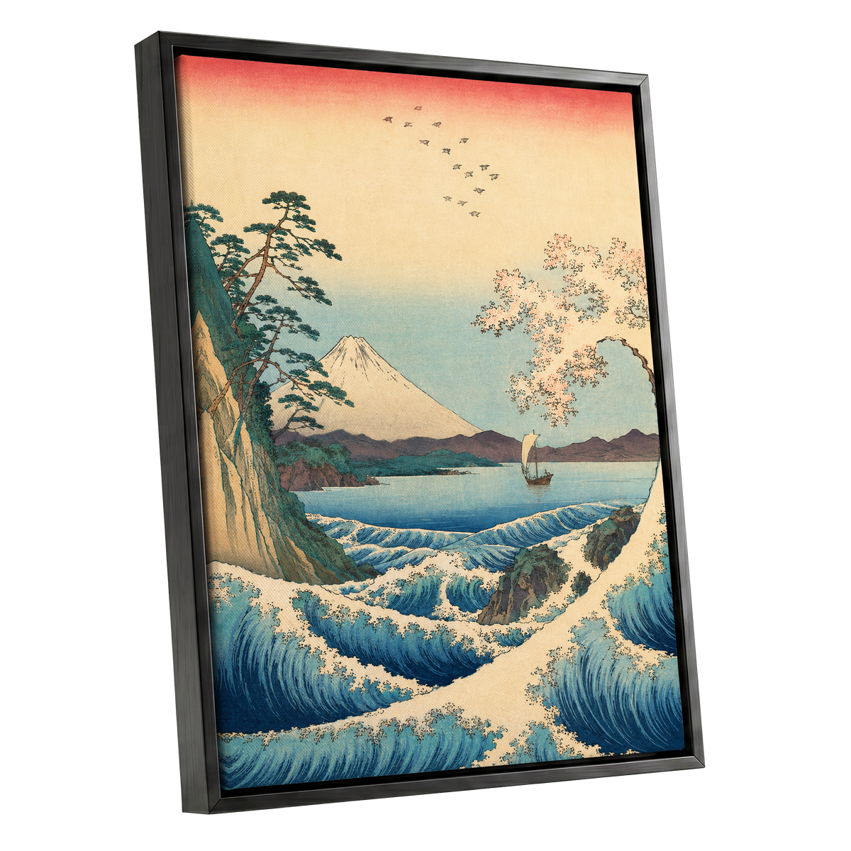 Blossom Tide, blue, beige, green nature wall art shown as a black framed canvas wall art