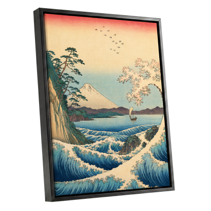 Blossom Tide, blue, beige, green nature wall art shown as a black framed canvas wall art