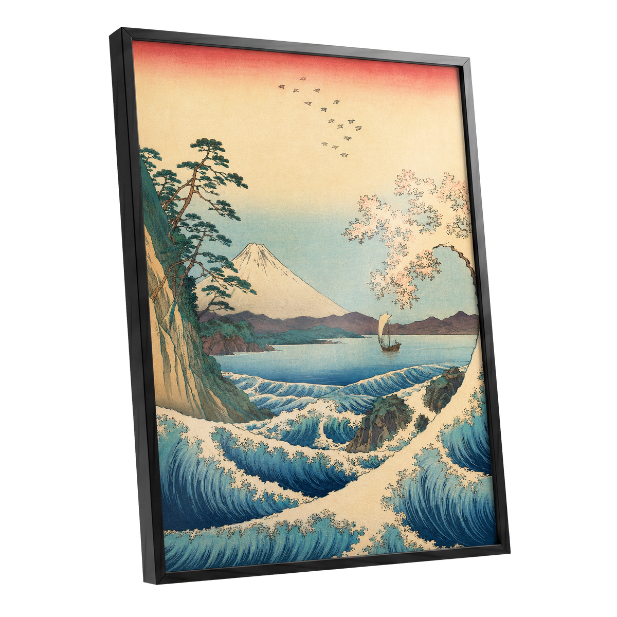Blossom Tide, blue, beige, green nature wall art shown as a black framed poster wall art print