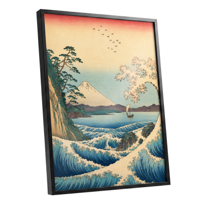 Blossom Tide, blue, beige, green nature wall art shown as a black framed poster wall art print
