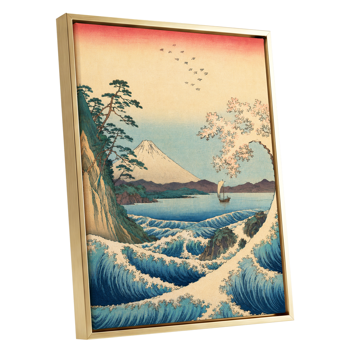 Blossom Tide, blue, beige, green nature wall art shown as a gold framed canvas wall art