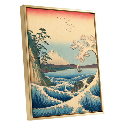 Blossom Tide, blue, beige, green nature wall art shown as a gold framed canvas wall art
