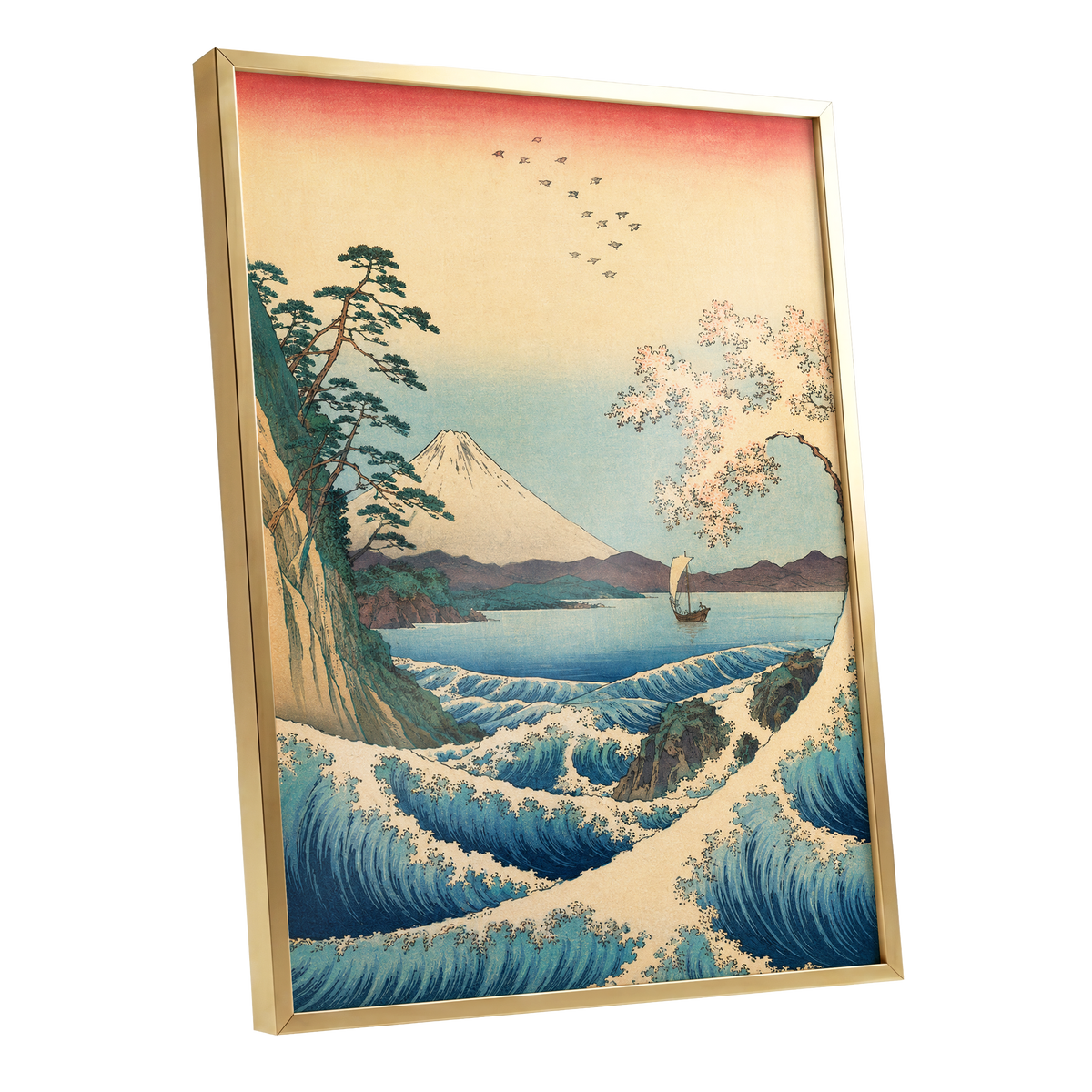 Blossom Tide, blue, beige, green nature wall art shown as a gold framed poster wall art print