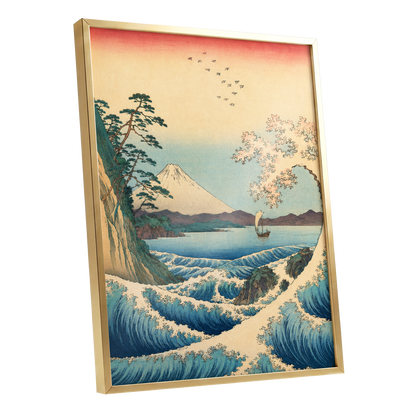 Blossom Tide, blue, beige, green nature wall art shown as a gold framed poster wall art print