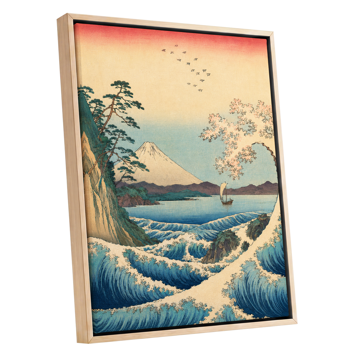 Blossom Tide, blue, beige, green nature wall art shown as a oak framed canvas wall art