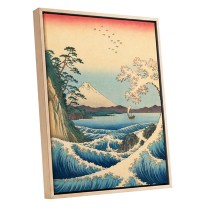 Blossom Tide, blue, beige, green nature wall art shown as a oak framed canvas wall art