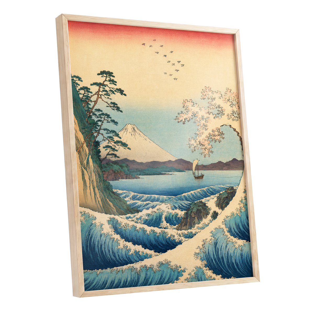 Blossom Tide, blue, beige, green nature wall art shown as a oak framed poster wall art print