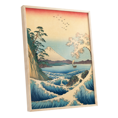 Blossom Tide, blue, beige, green nature wall art shown as a oak framed poster wall art print