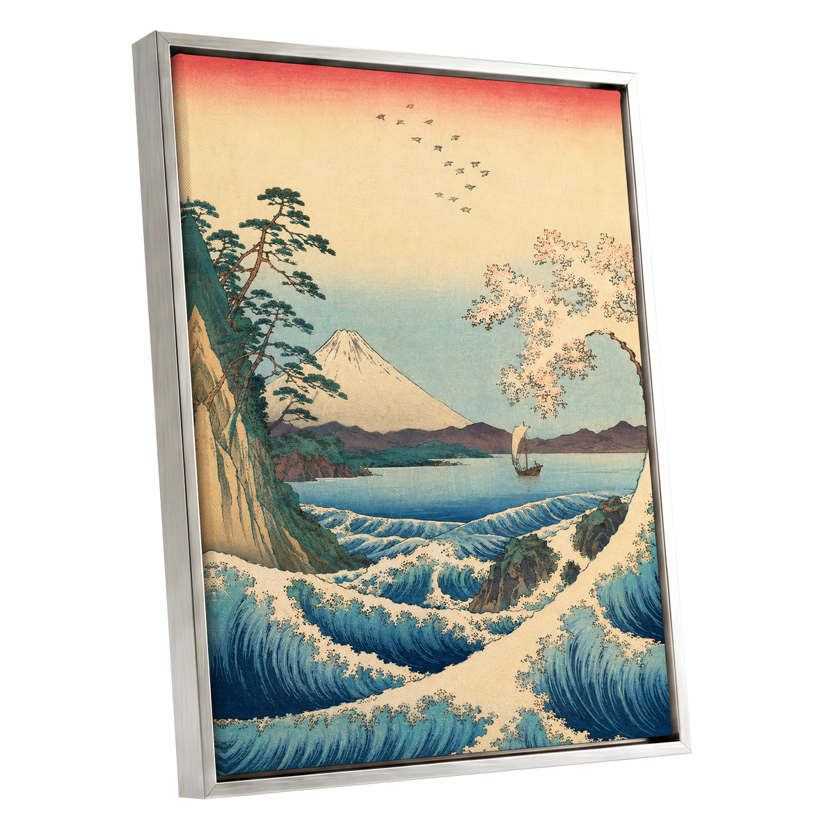 Blossom Tide, blue, beige, green nature wall art shown as a silver framed canvas wall art