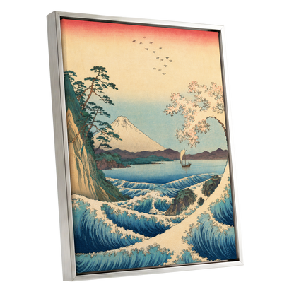 Blossom Tide, blue, beige, green nature wall art shown as a silver framed canvas wall art