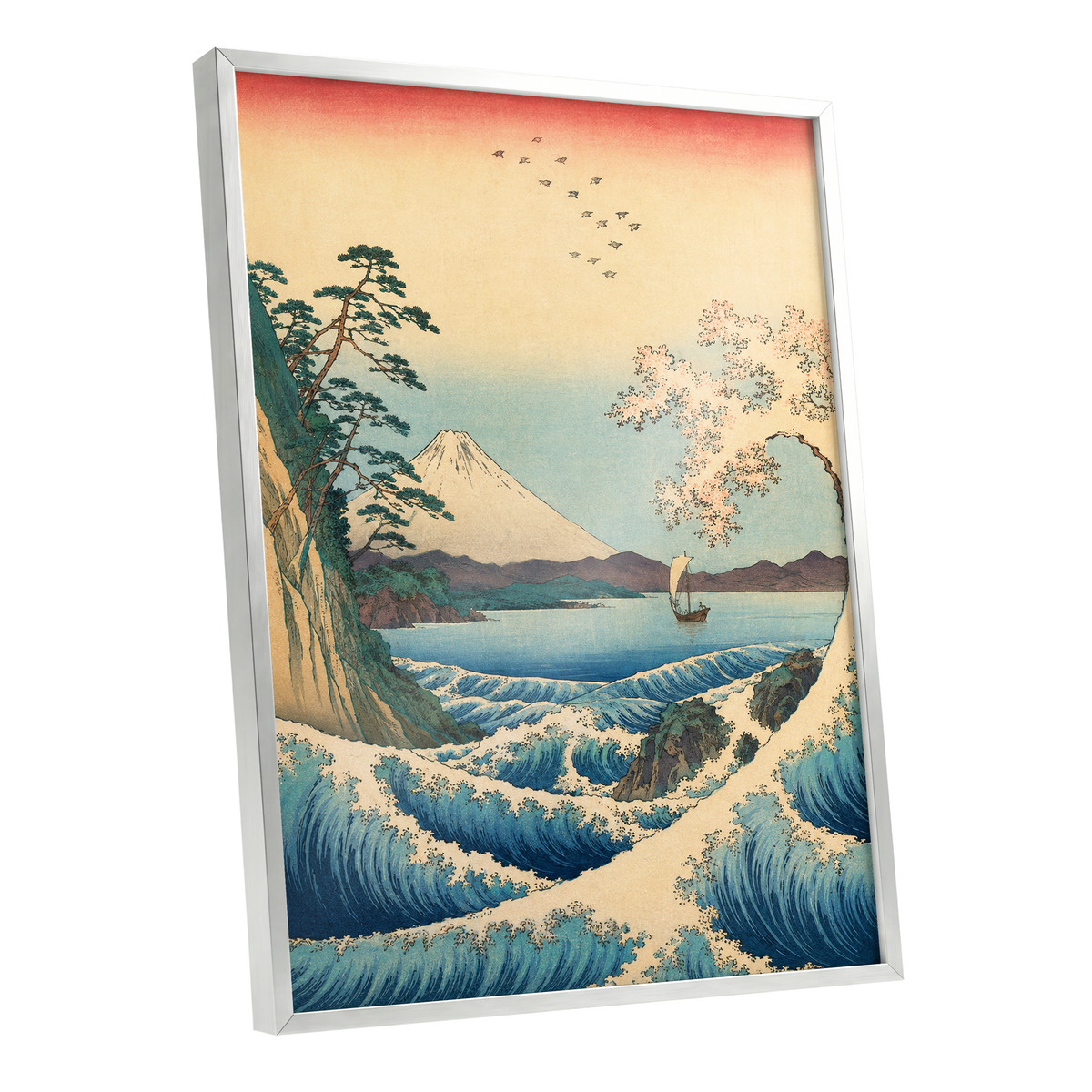 Blossom Tide, blue, beige, green nature wall art shown as a silver framed poster wall art print