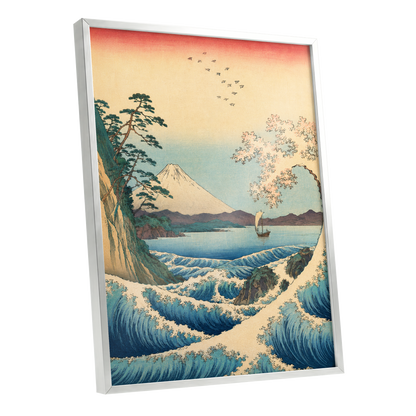 Blossom Tide, blue, beige, green nature wall art shown as a silver framed poster wall art print