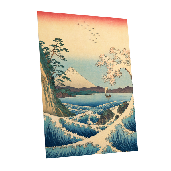Blossom Tide, blue, beige, green nature wall art shown as a unframed poster wall art print