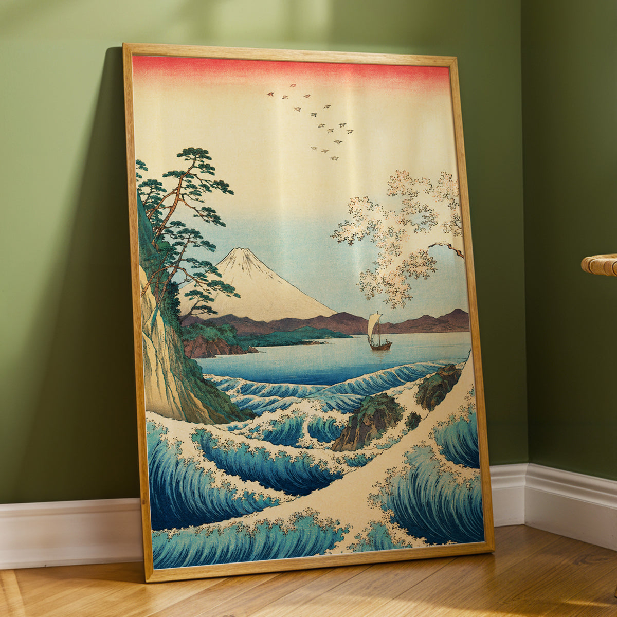 Blossom Tide, blue, beige, green nature wall art displayed in a styled interior, gallery view 2