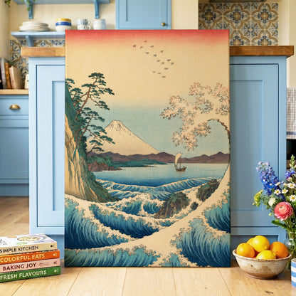 Blossom Tide, blue, beige, green nature wall art displayed in a styled interior, gallery view 3