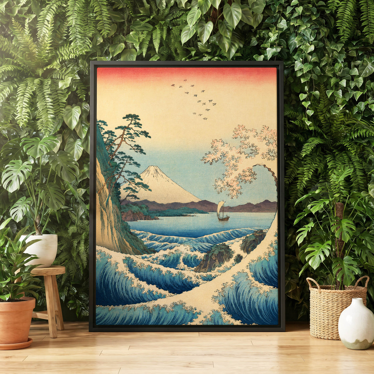 Blossom Tide, blue, beige, green nature wall art displayed in a styled interior, gallery view 4