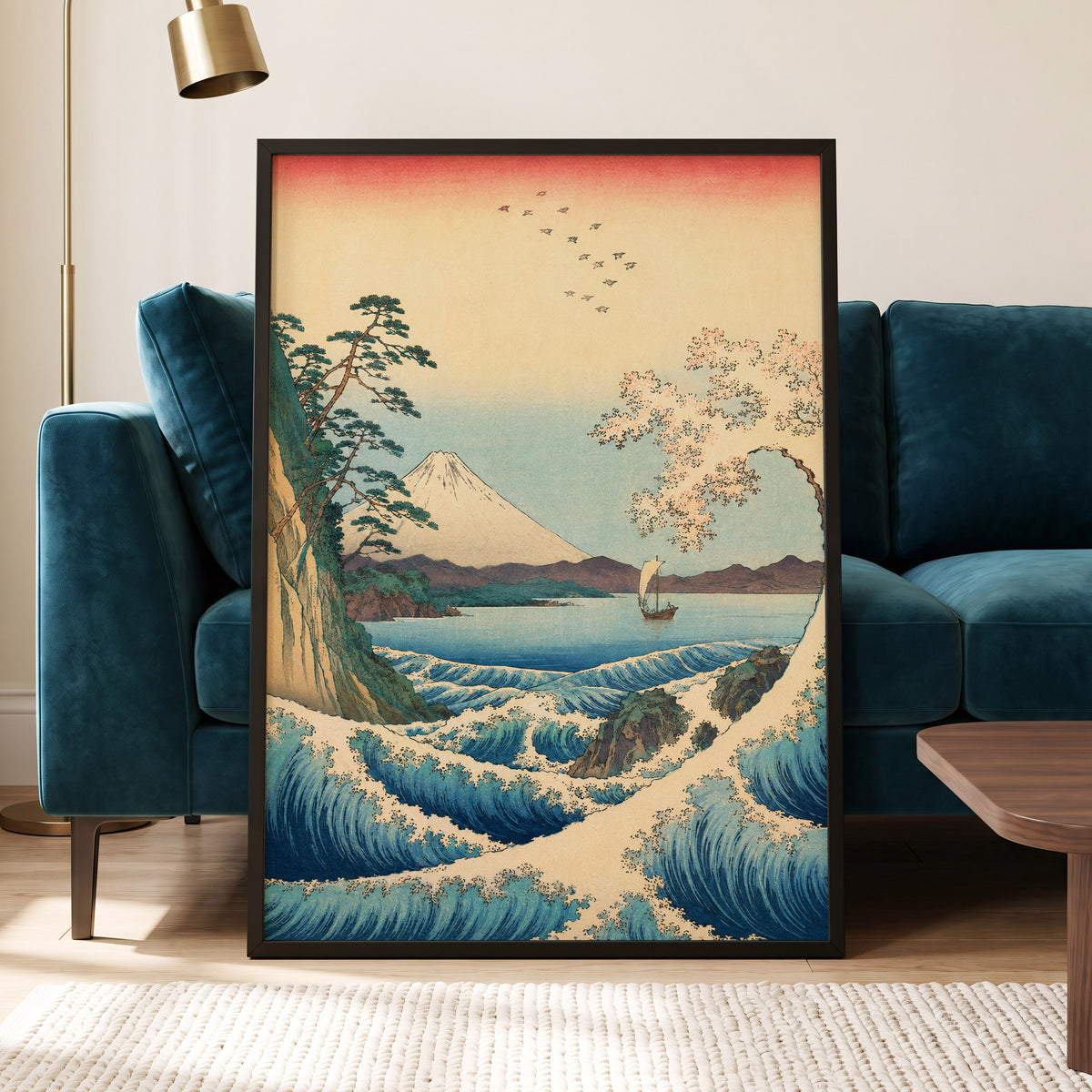 Blossom Tide, blue, beige, green nature wall art displayed in a styled interior, gallery view 6