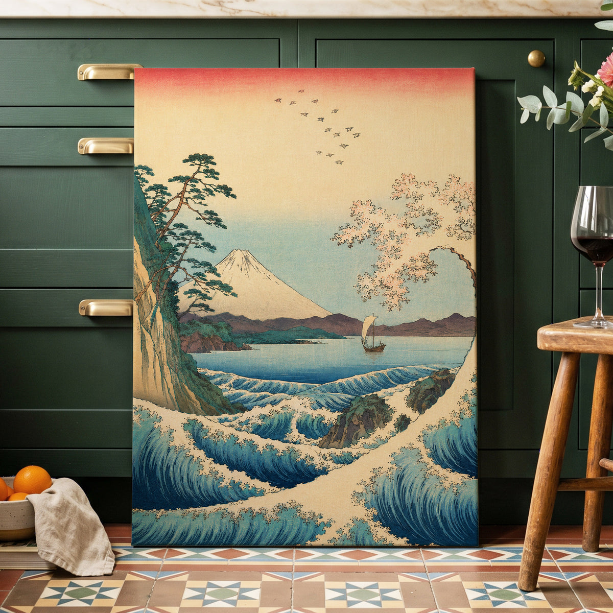Blossom Tide, blue, beige, green nature wall art displayed in a styled interior, gallery view 7