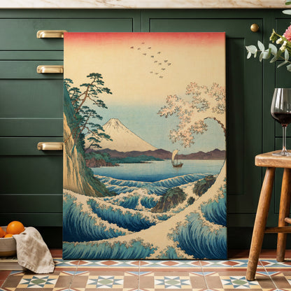 Blossom Tide, blue, beige, green nature wall art displayed in a styled interior, gallery view 7