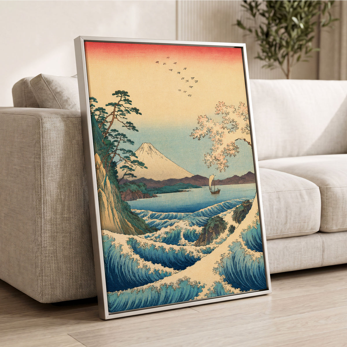 Blossom Tide, blue, beige, green nature wall art displayed in a styled interior, gallery view 8