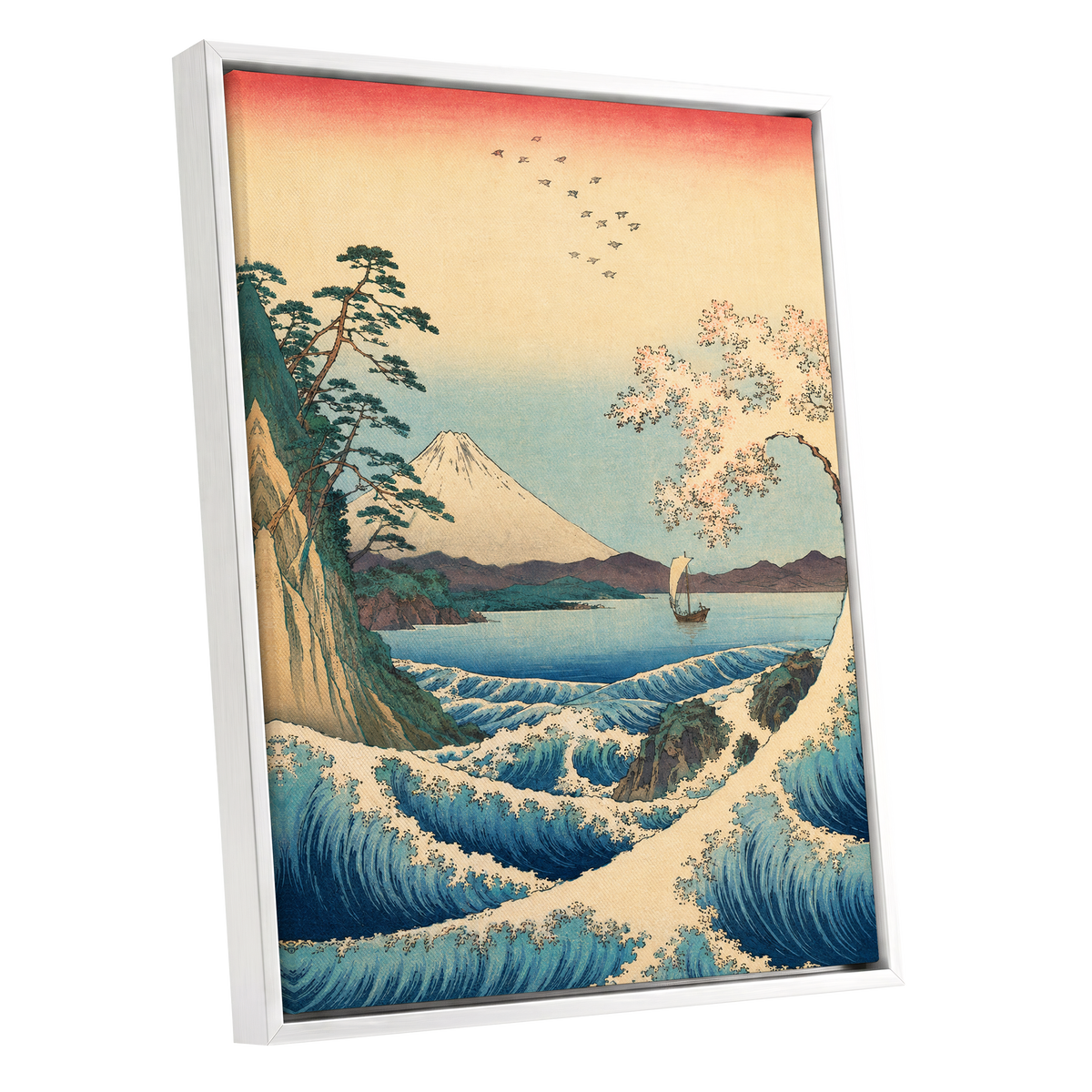 Blossom Tide, blue, beige, green nature wall art shown as a white framed canvas wall art
