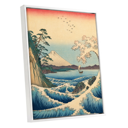 Blossom Tide, blue, beige, green nature wall art shown as a white framed canvas wall art