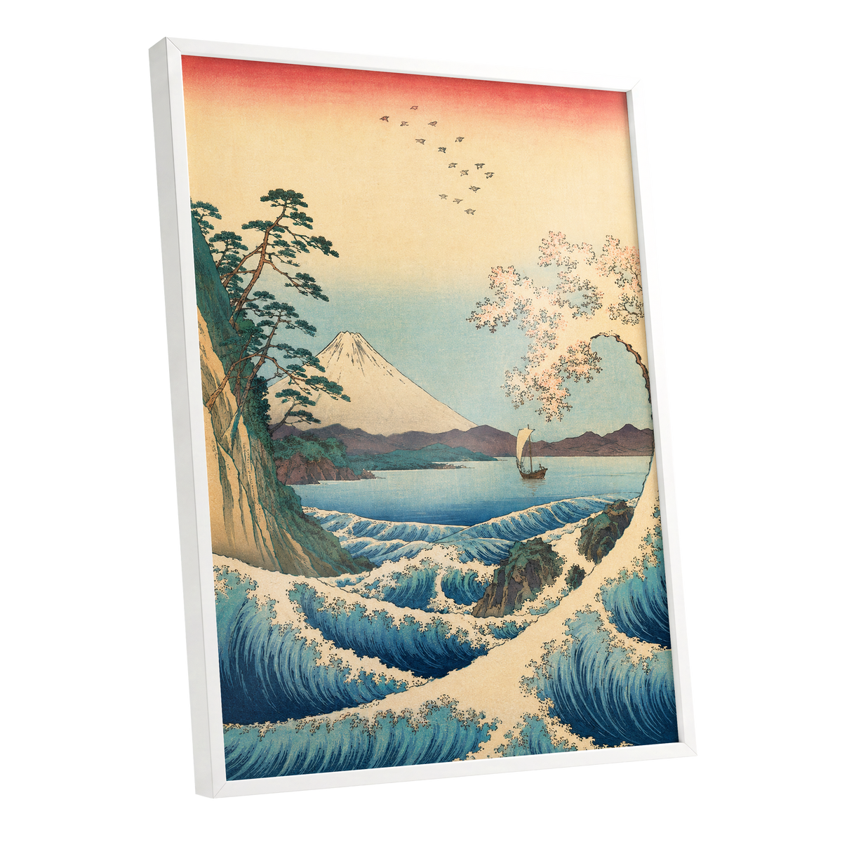 Blossom Tide, blue, beige, green nature wall art shown as a white framed poster wall art print
