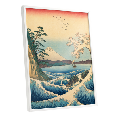 Blossom Tide, blue, beige, green nature wall art shown as a white framed poster wall art print
