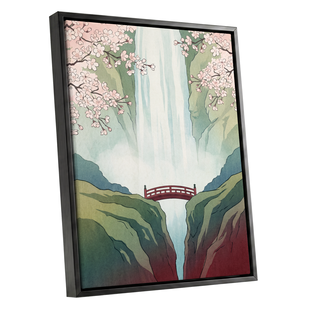 Blossomfall Bridge, green, blue, pink nature wall art shown as a black framed canvas wall art