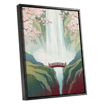 Blossomfall Bridge, green, blue, pink nature wall art shown as a black framed canvas wall art