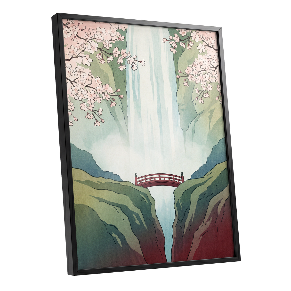 Blossomfall Bridge, green, blue, pink nature wall art shown as a black framed poster wall art print