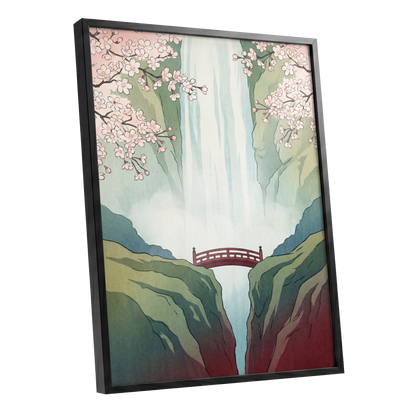Blossomfall Bridge, green, blue, pink nature wall art shown as a black framed poster wall art print